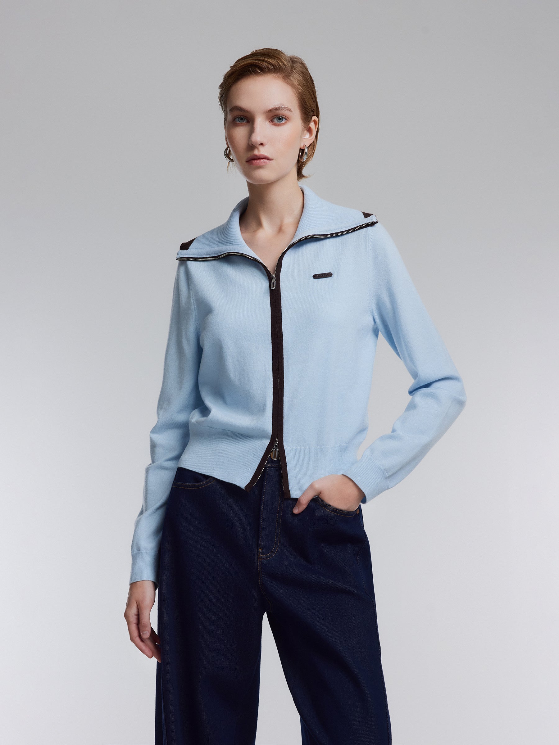 [Preview] Lyocell Wool Blend Contrast Trim Women Zip-Up Cardigan GOELIA
