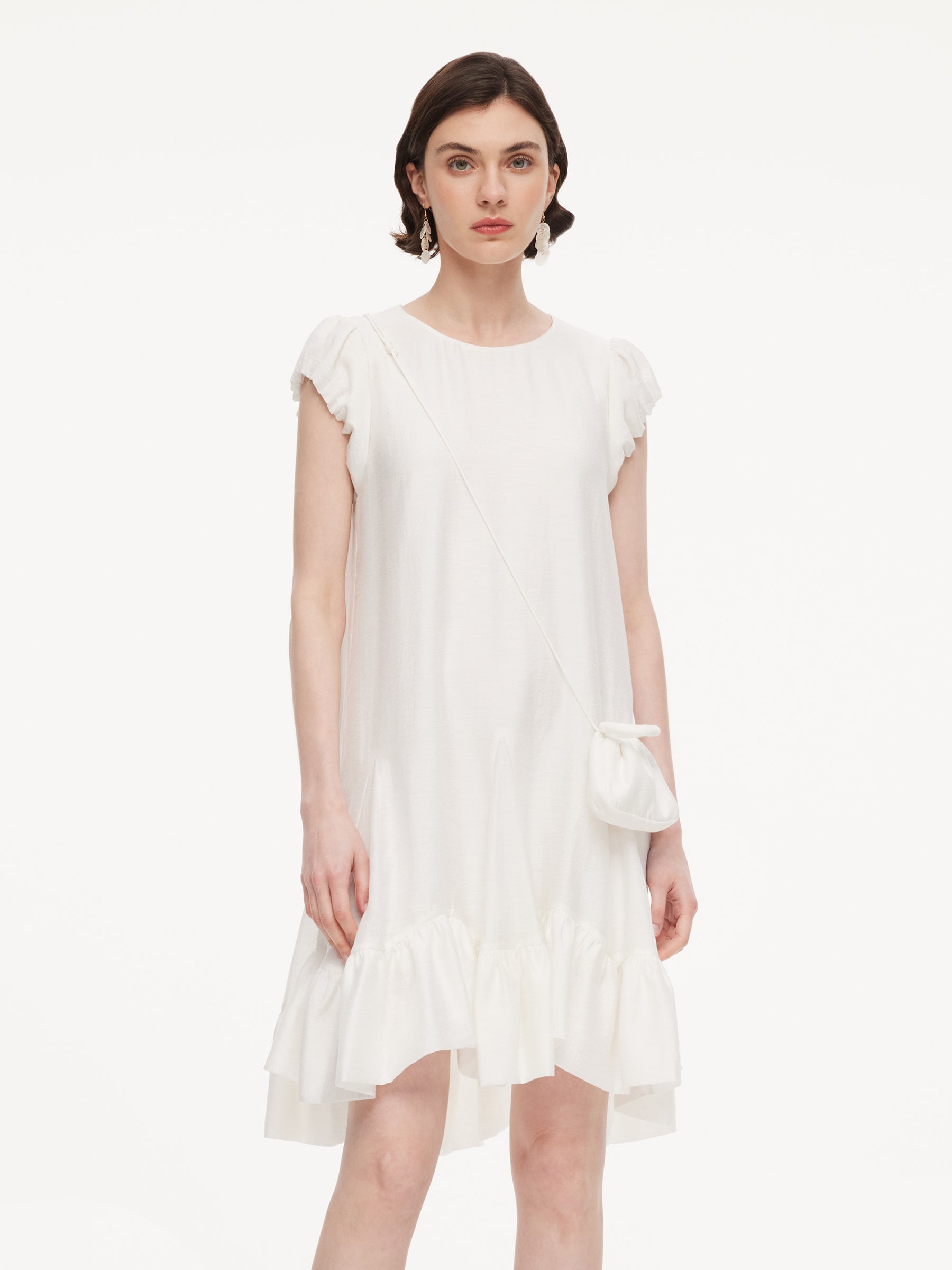 Lyocell Acetate Linen Blend Ruffle Hem Women Mini Dress With Crossbody Bag GOELIA