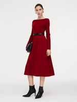 Tencel Wool Blend Boat Neck Women Knit Maxi Dress With Leather Belt GOELIA