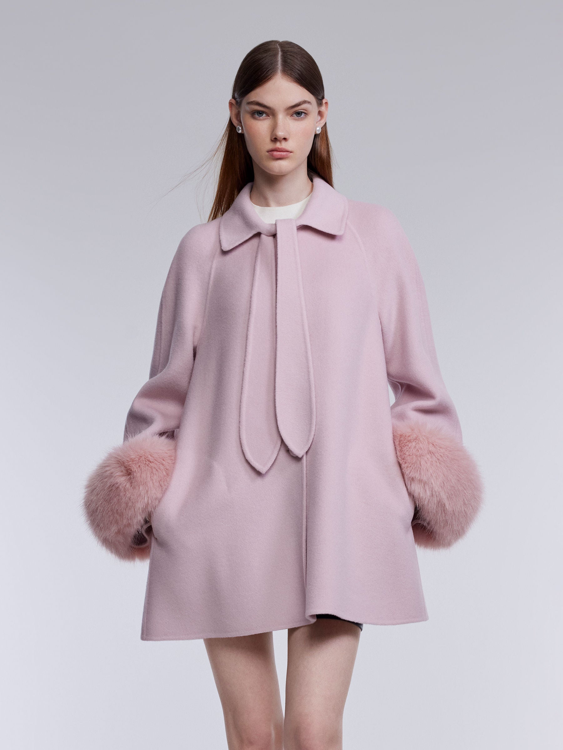 [Preview] Tencel Wool Tie-Neck Women Coat With Detachable Fur Cuffs GOELIA