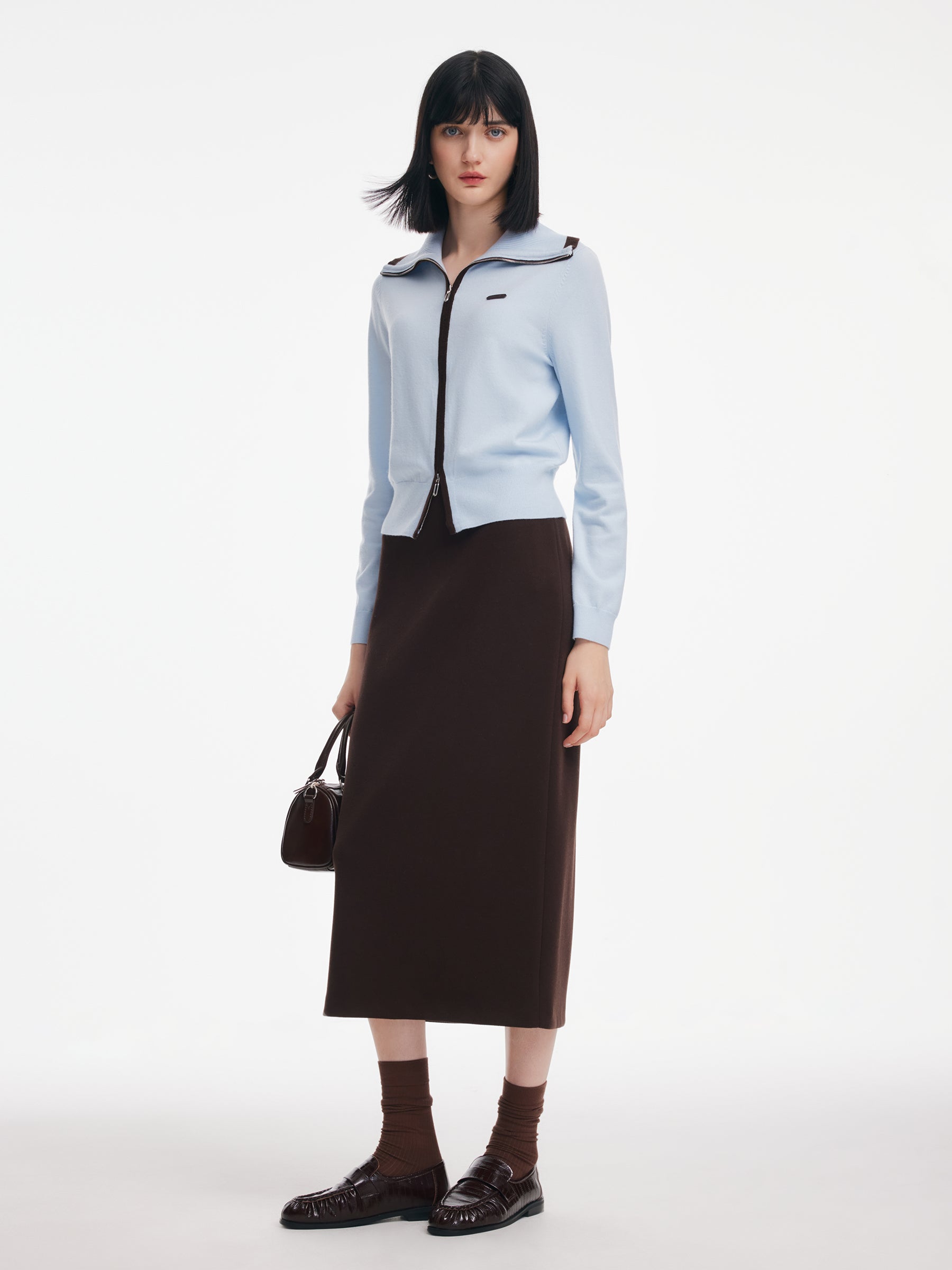 Contrast Trim Lapel Zip-Up Cardigan And Skirt Two-Piece Set GOELIA