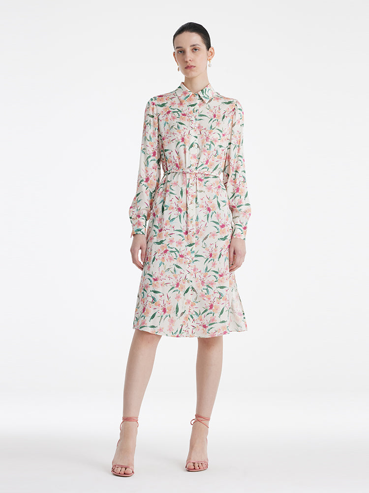 19 Momme Mulberry Silk Floral Printed Women Midi Shirt Dress With Belt GOELIA