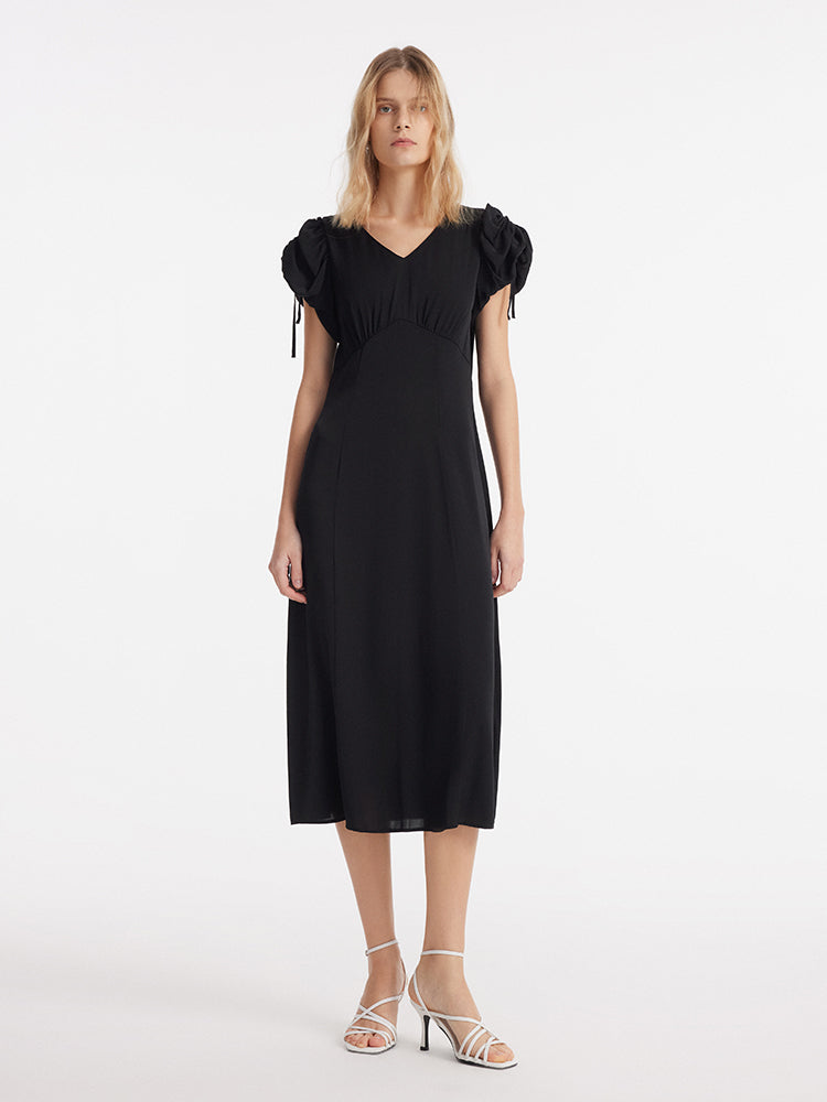 19 Momme Mulberry Silk Drawstring Sleeves Women Midi Dress GOELIA