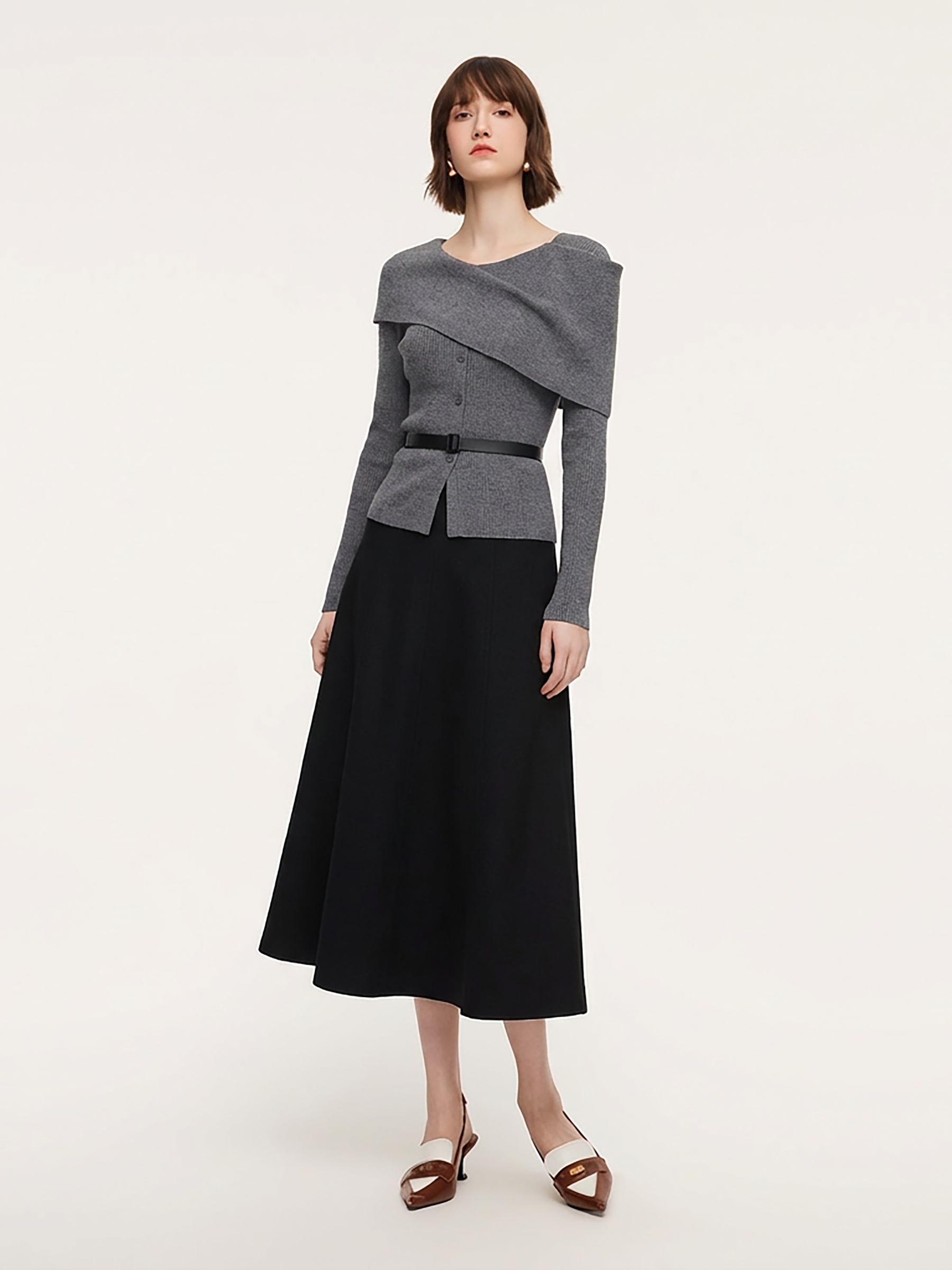 Cape Style Knit Top And Skirt Two-Piece Set With Belt GOELIA