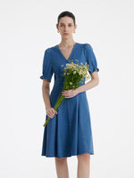 Denim V-Neck Gathered Waist Women Midi Dress GOELIA