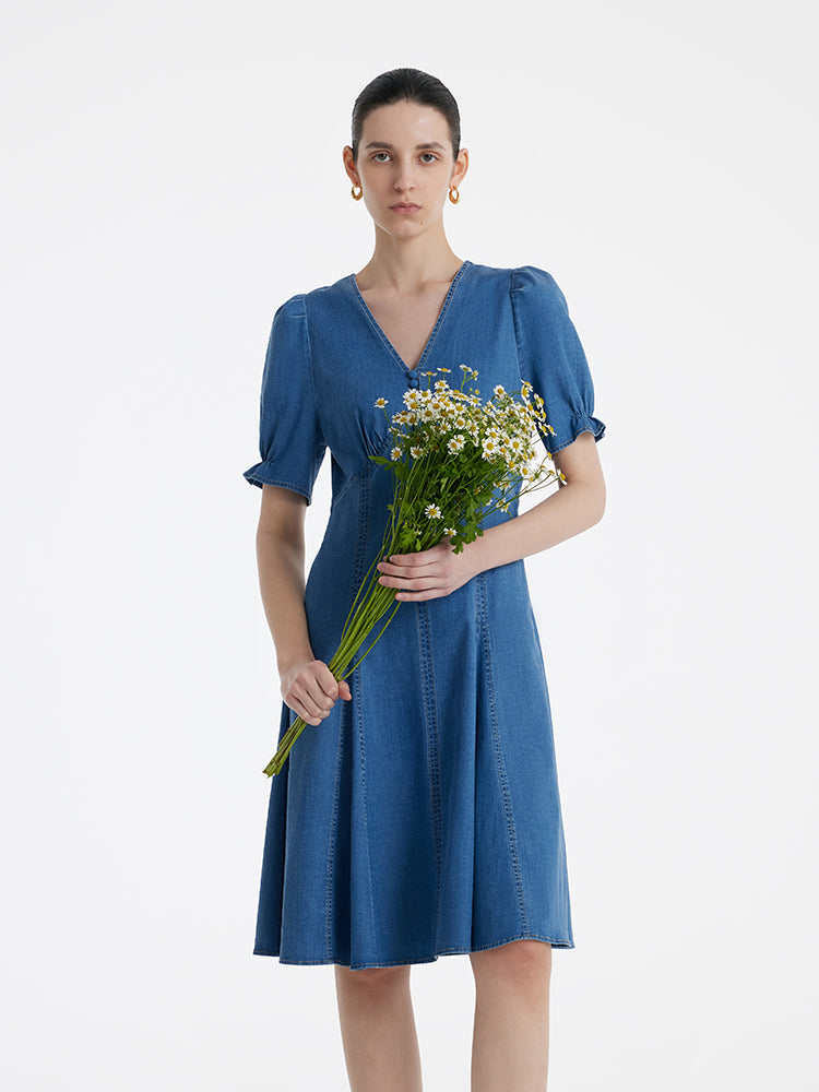 Women’s Comfortable V-Neck Denim Midi Dress