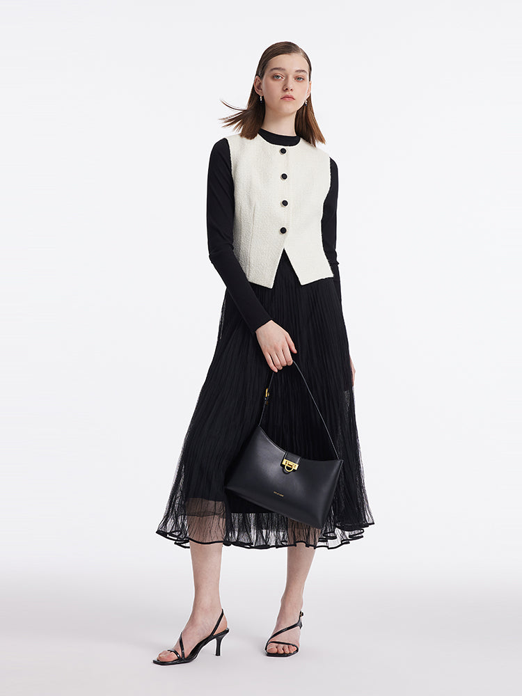 Single-Breasted Vest And Sheath Sweater And Tulle Skirt Three-Piece Set GOELIA
