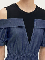 Denim Lyocell Cold Shoulder Patchwork Women Midi Dress GOELIA