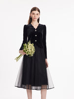 Wave Cut V-Neck Velvet Top And Tulle Skirt Two-Piece Set GOELIA