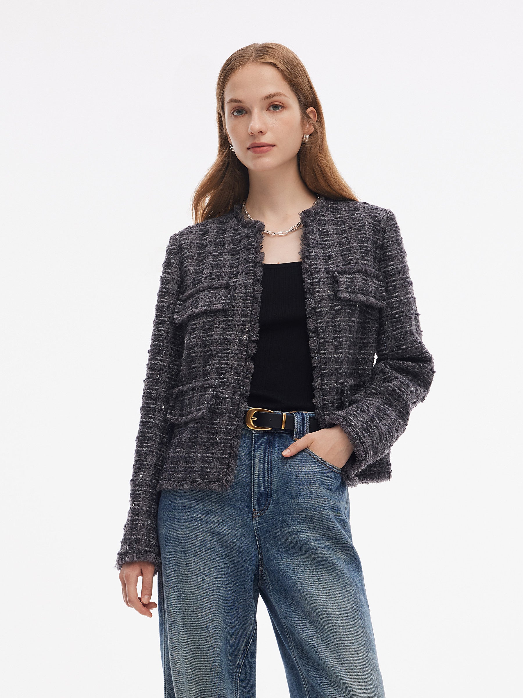 Wool Blend Sequins Tweed Women Frayed Edge Crop Jacket GOELIA