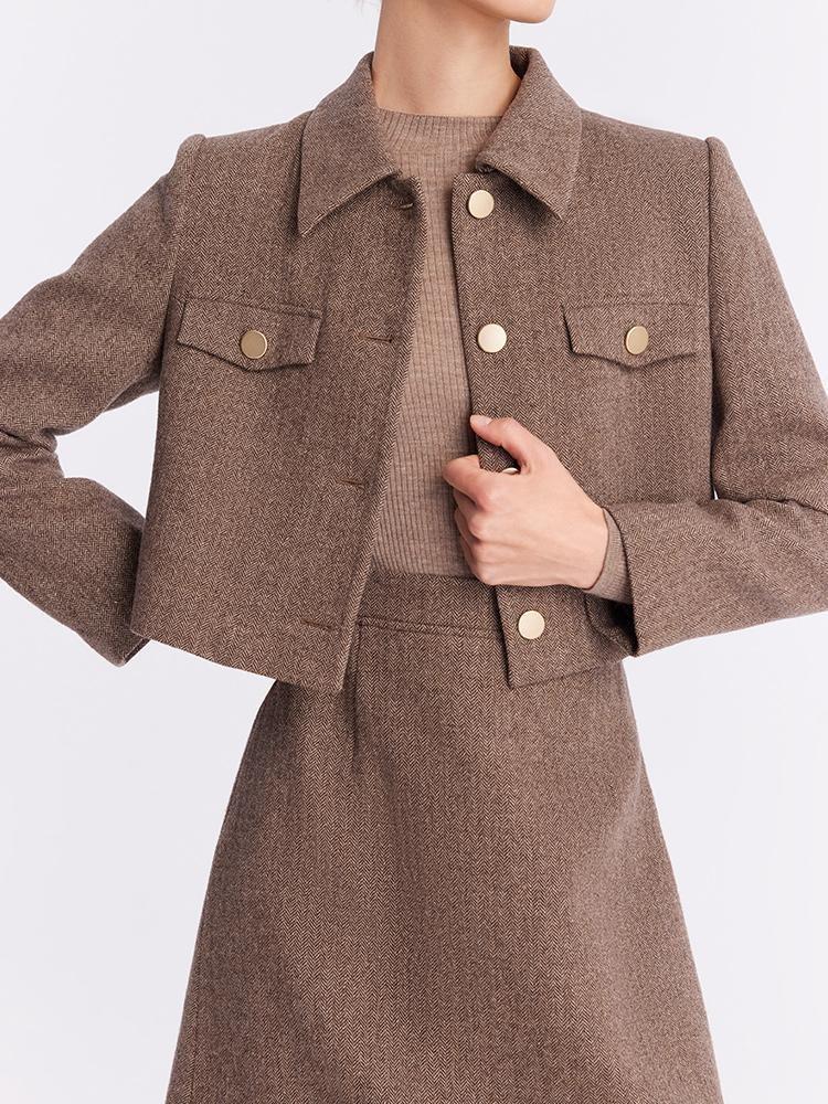 Washable Wool Crop Jacket And Skirt And Sweater Three-Piece Suit GOELIA