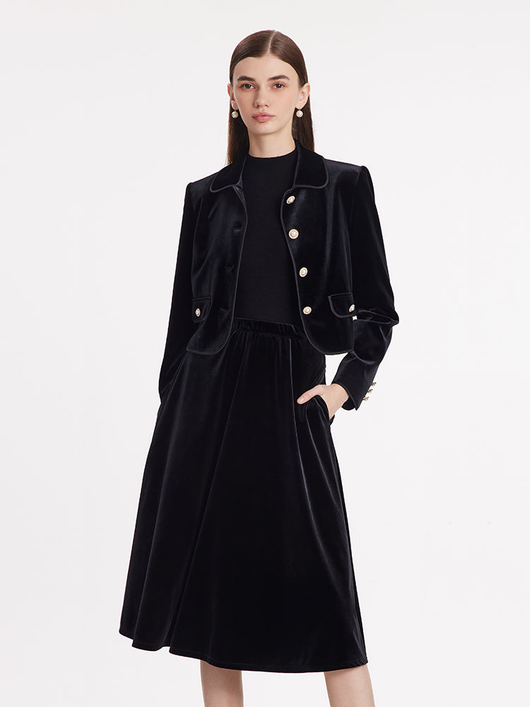 Velvet Crop Jacket And Skirt Two-Piece Suit With Detachable Bowknot GOELIA