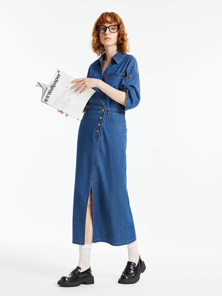 Denim V-Neck Slit Lapel Women Maxi Dress GOELIA