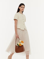 Tweed Sequins Short Sleeve Jacket And Mesh Skirt Two-Piece Set GOELIA
