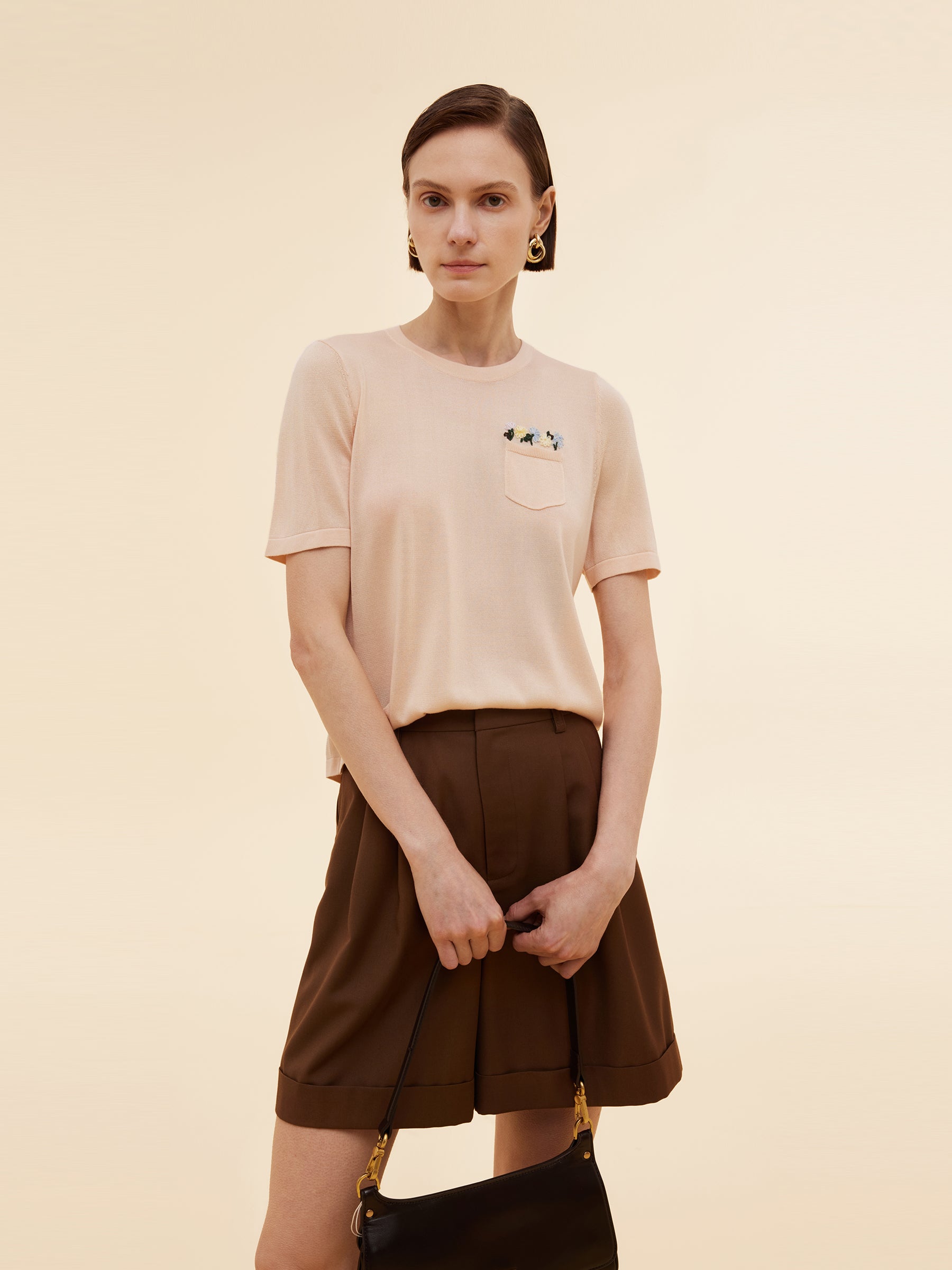 Tencel Acetate Blend Floral Embroidered Women Knit T-Shirt GOELIA
