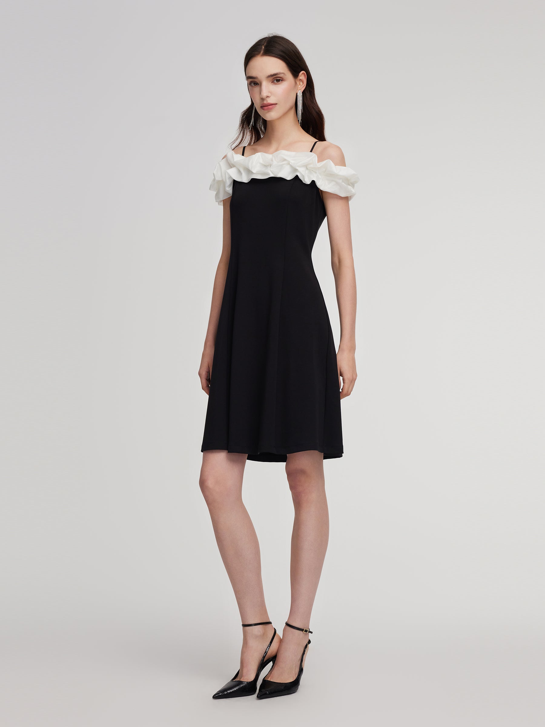 Color Block Ruffle Women Knit Mini Dress With Detachable Straps GOELIA