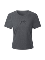 [Preview] Bowknot Print Gathered Waist Women T-Shirt GOELIA