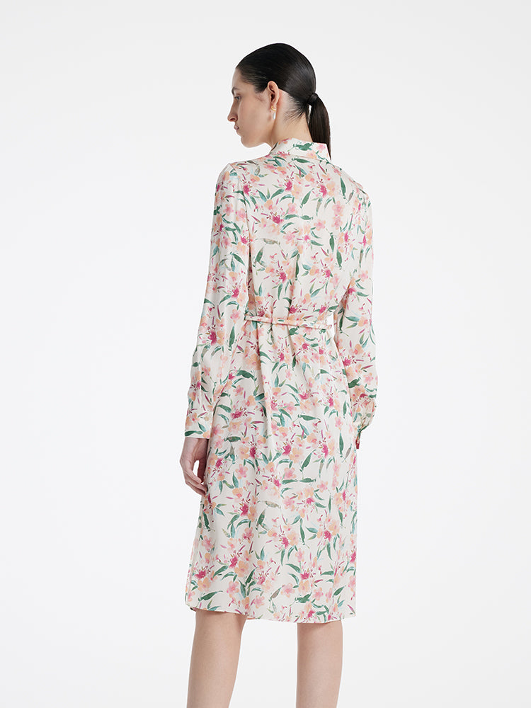 19 Momme Mulberry Silk Floral Printed Women Midi Shirt Dress With Belt GOELIA