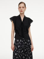 Lyocell Blend Ruffle Sleeve Women Blouse With Detachable Scarf Buckle GOELIA