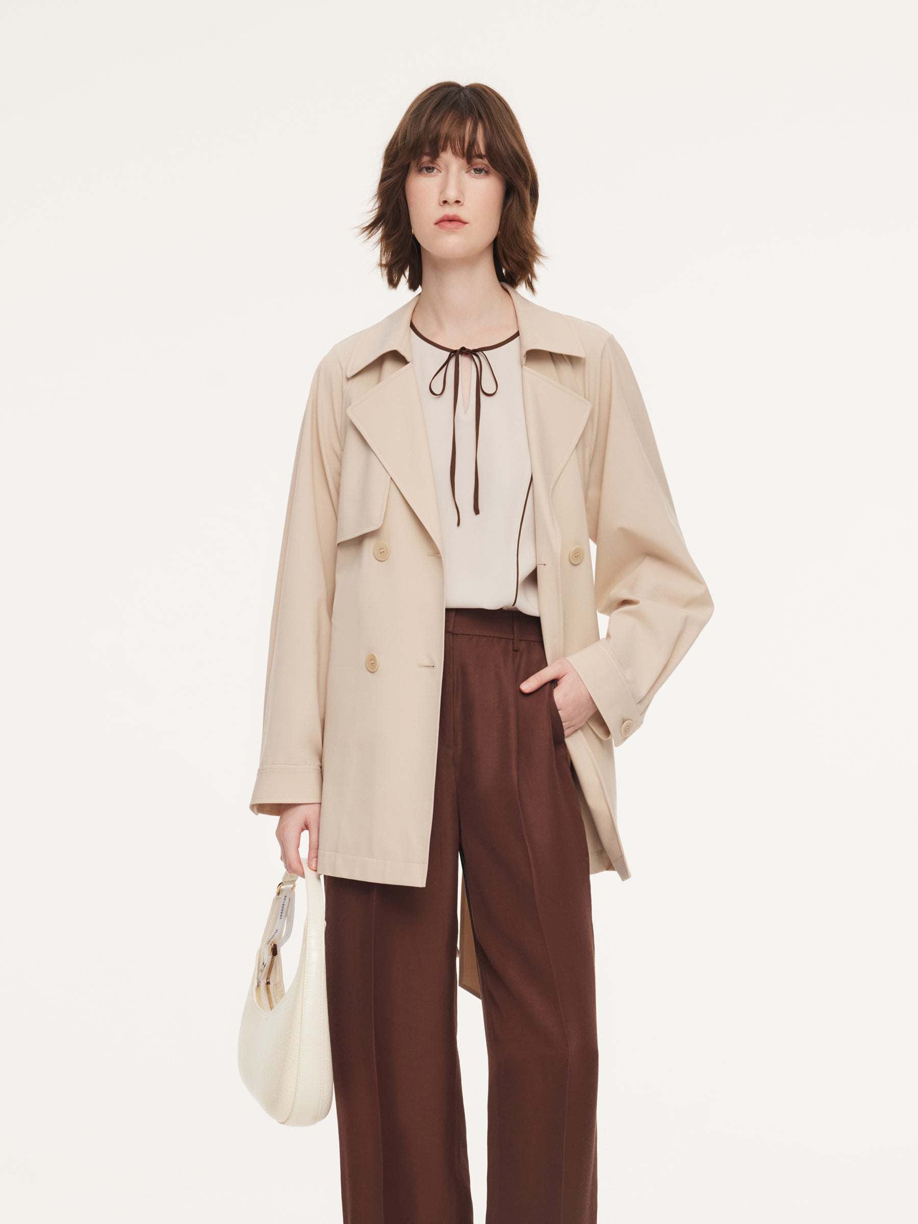 Worsted Wool Blend Women Mid Length Wrap Trench Coat GOELIA