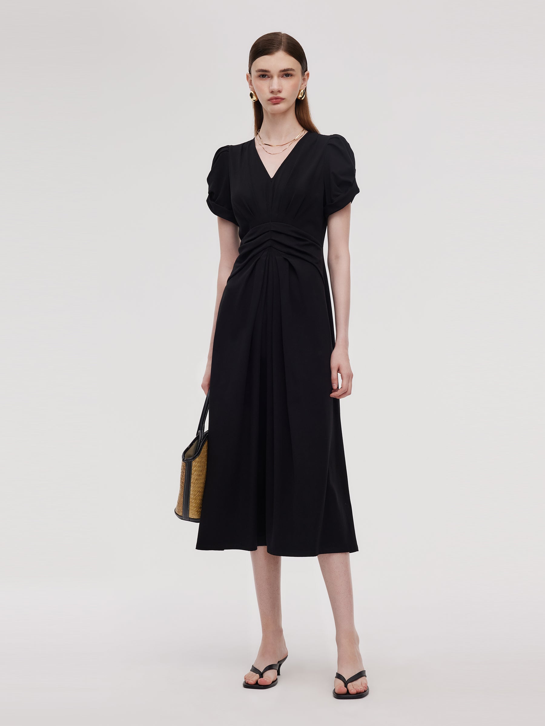 Pleated V-Neck Women Knit Maxi Dress GOELIA