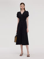 Pleated V-Neck Women Knit Maxi Dress GOELIA