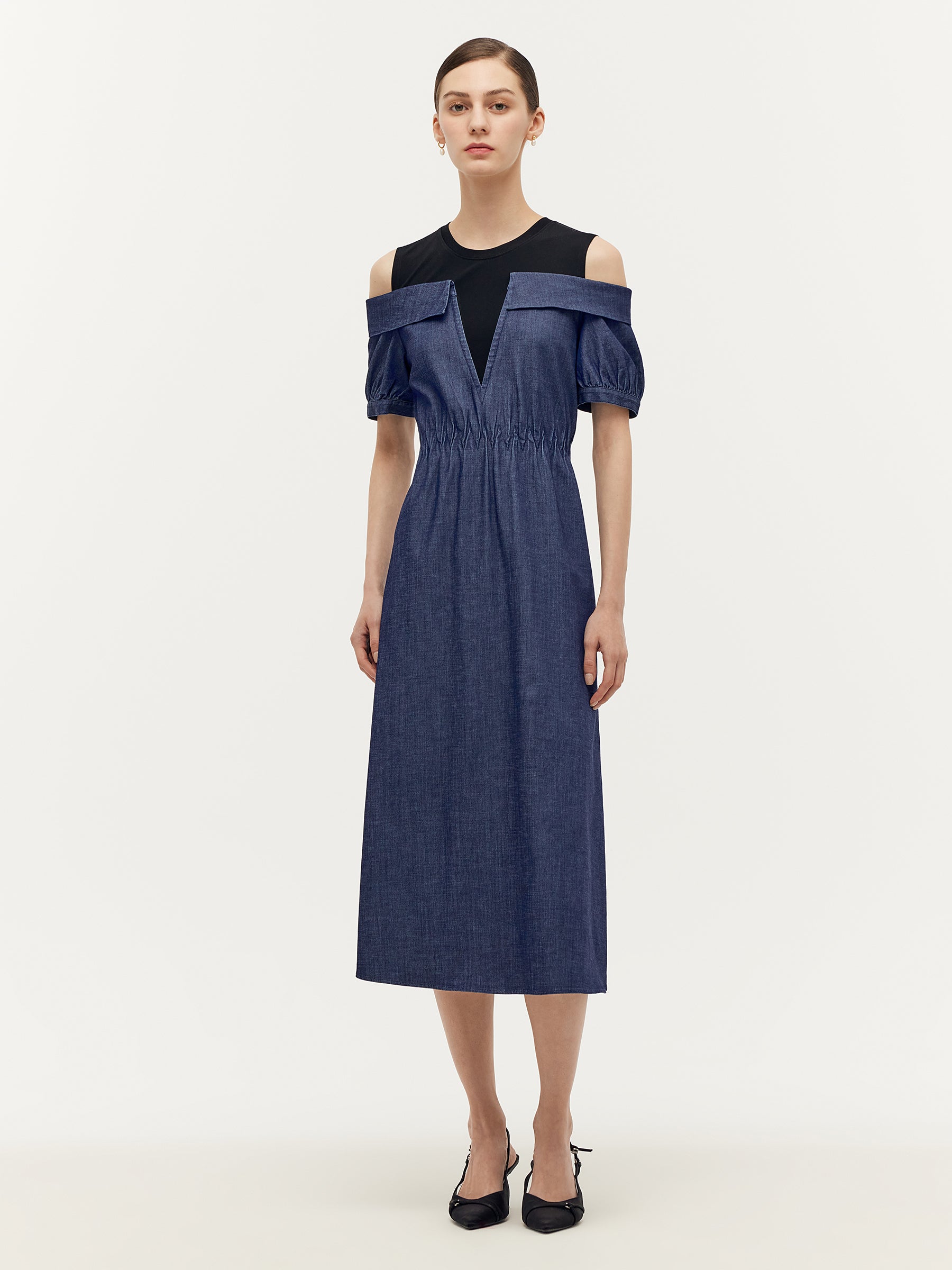 Denim Lyocell Cold Shoulder Patchwork Women Midi Dress GOELIA