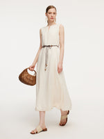 100% Ramie Bubble Hem Women Sleeveless Maxi Dress With Tie String Belt GOELIA