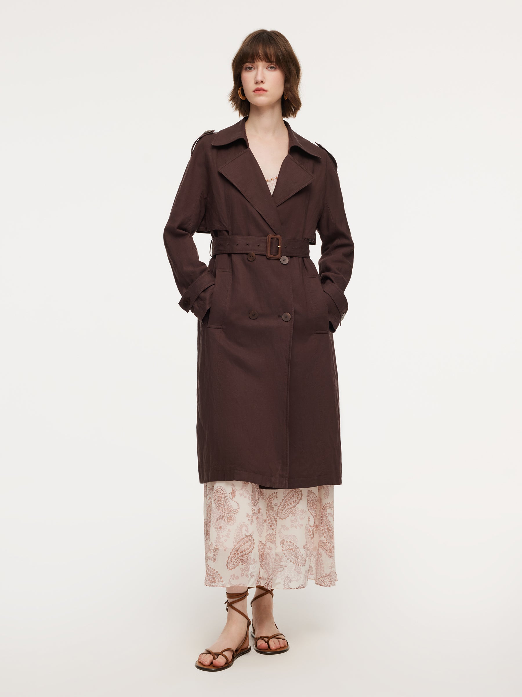 Linen Blend Women Belted Trench Coat GOELIA