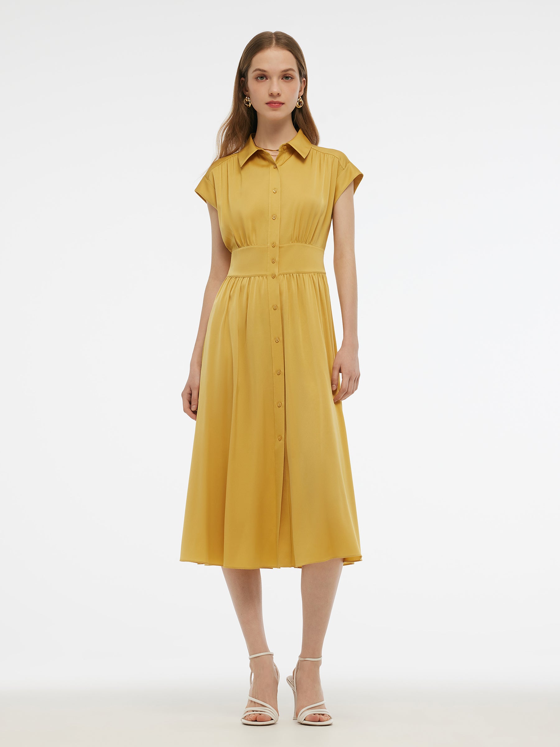 22MM Stretch Silk Women Midi Shirt Dress GOELIA