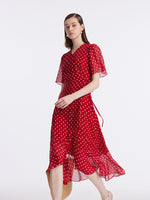 10 Momme Mulberry Silk Polka Dots Printed Wrapped Ruffle Women Midi Dress GOELIA