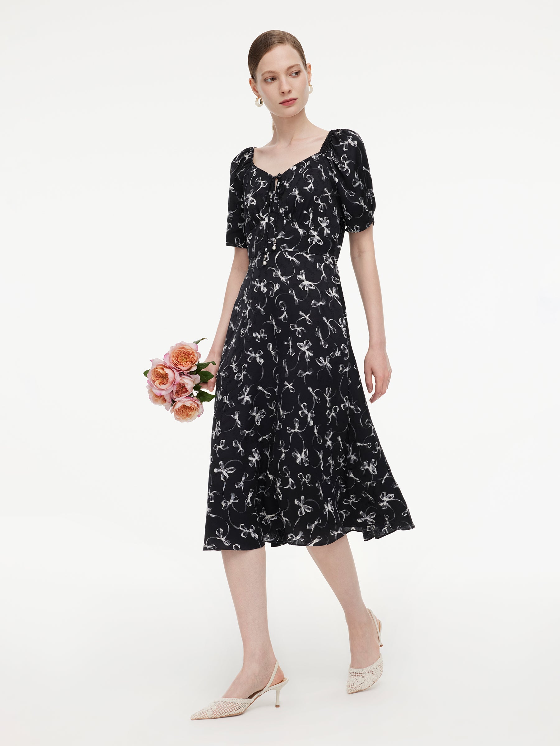 [Preview] Ribbon Print Puff Sleeve Women Midi Dress GOELIA