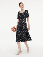 [Preview] Ribbon Print Puff Sleeve Women Midi Dress GOELIA