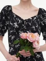 [Preview] Ribbon Print Puff Sleeve Women Midi Dress GOELIA