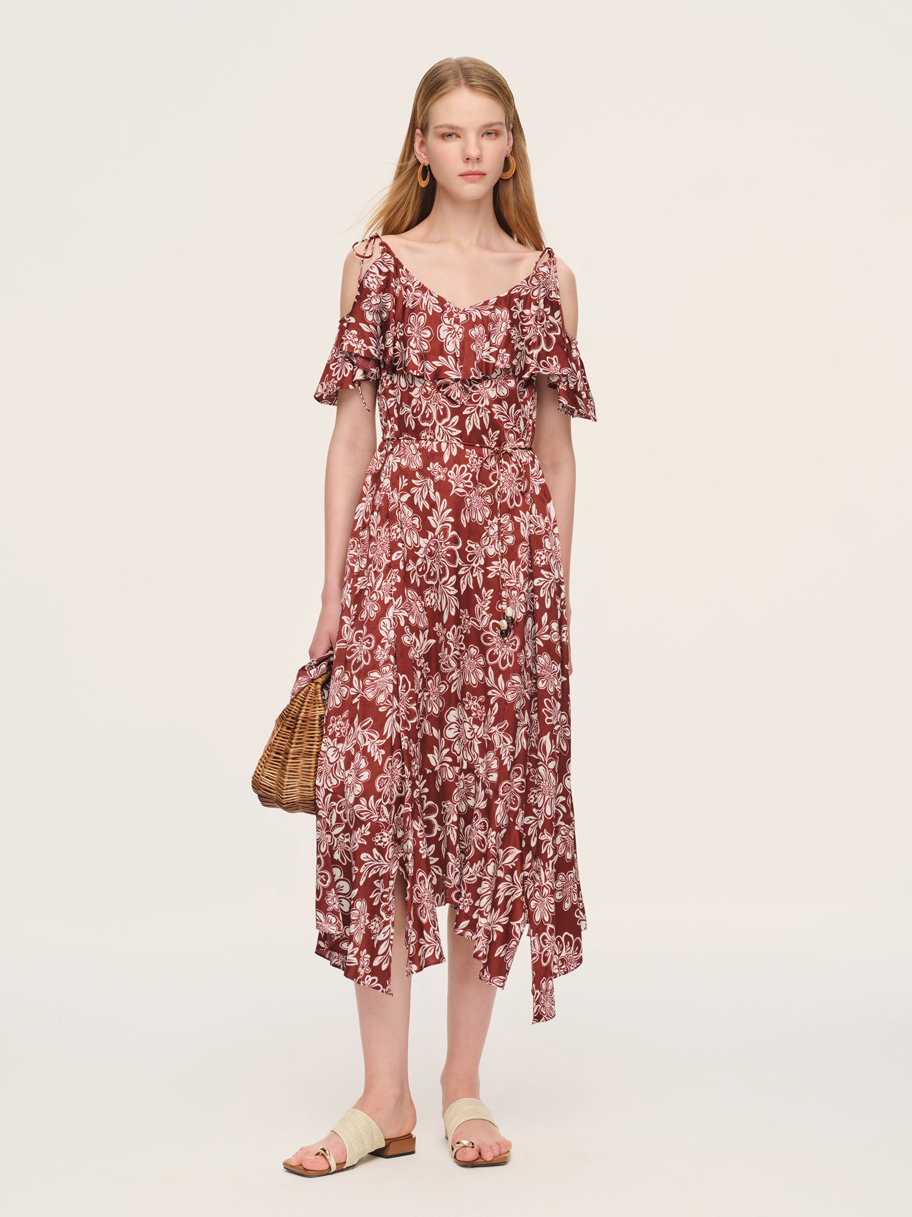 Marigold Floral Print Cold Shoulder Women Strap Maxi Dress GOELIA