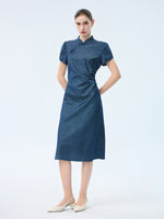 Tencel Blend Denim Side Twist Women Qipao Midi Dress GOELIA