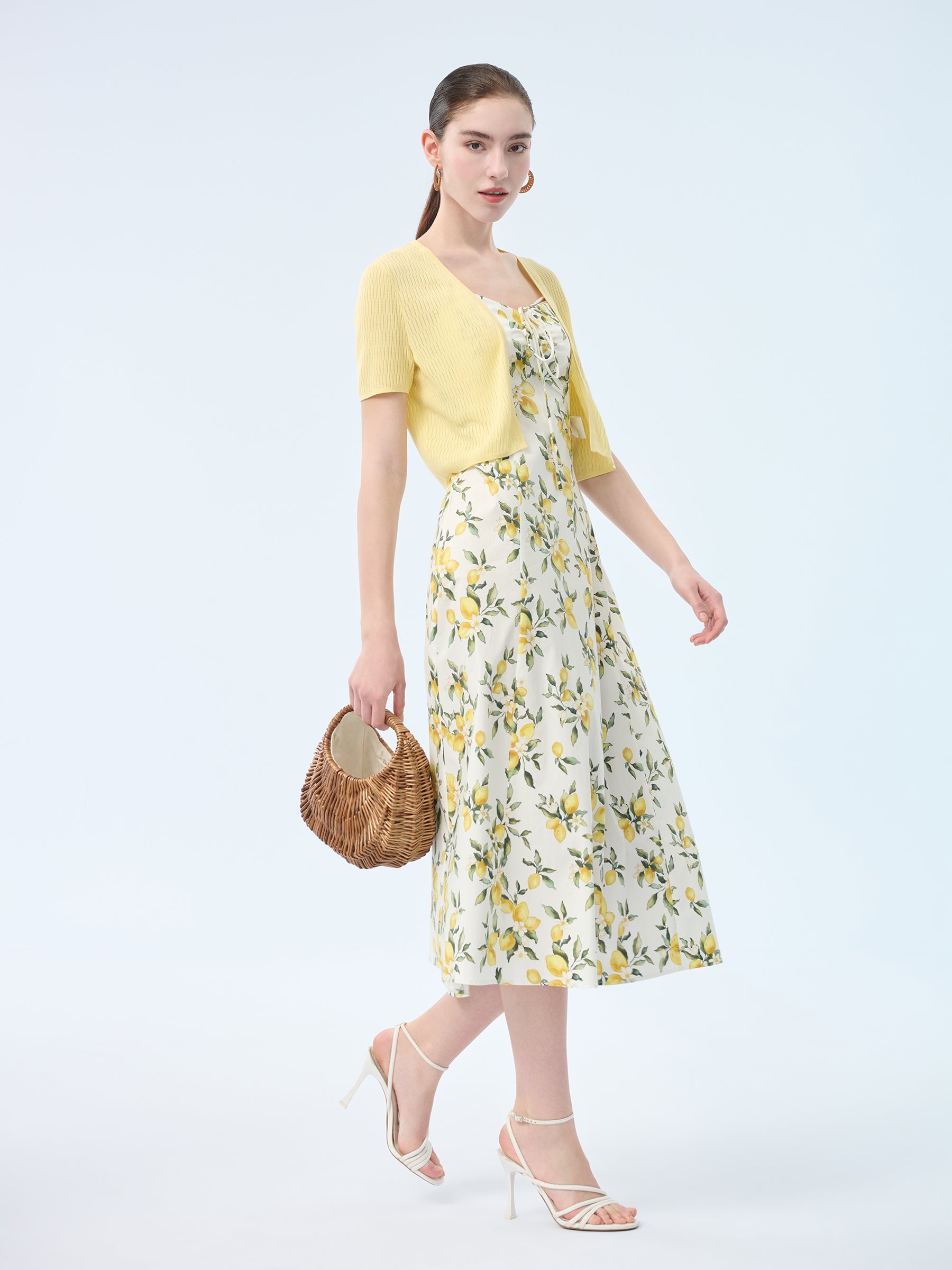 Cotton Lemon Print Strap Dress And Cardigan Two-Piece Set GOELIA