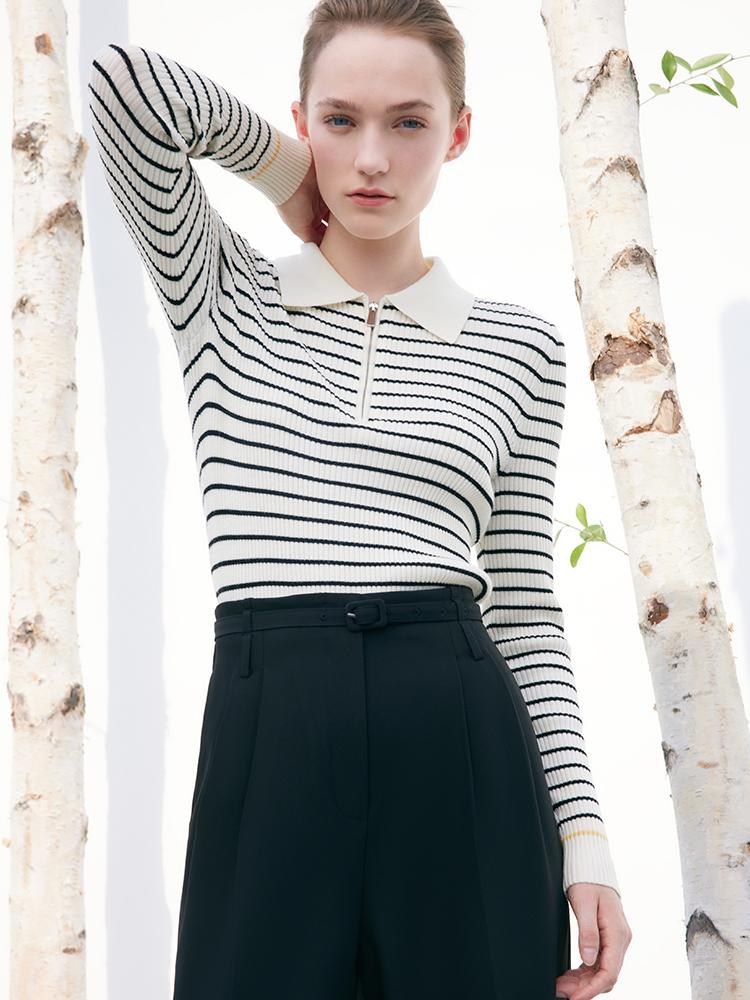 Black And White Stripe Slim Woolen Jumper GOELIA