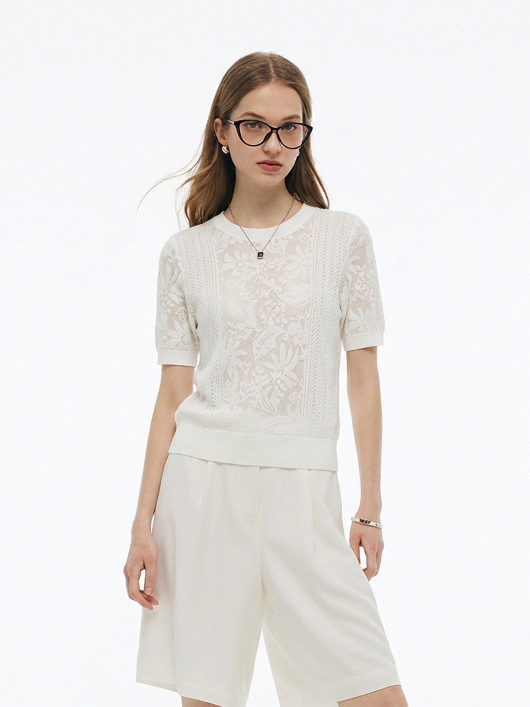 Lace Jacquard Round Neck Women Knit Top GOELIA