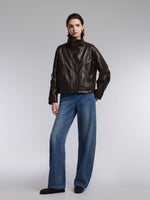 [Preview] PU Leather Goose Down Jacket With Detachable Faux Fur Collar GOELIA