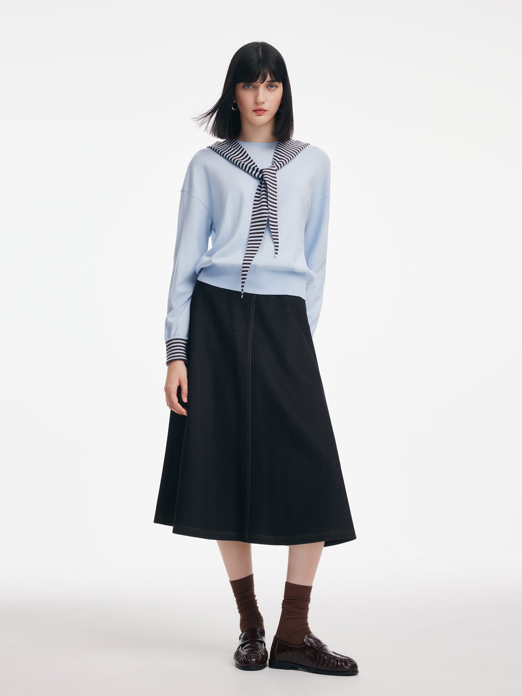 Tencel Wool Blend Women Knit Top With Detachable Stripe Hood GOELIA