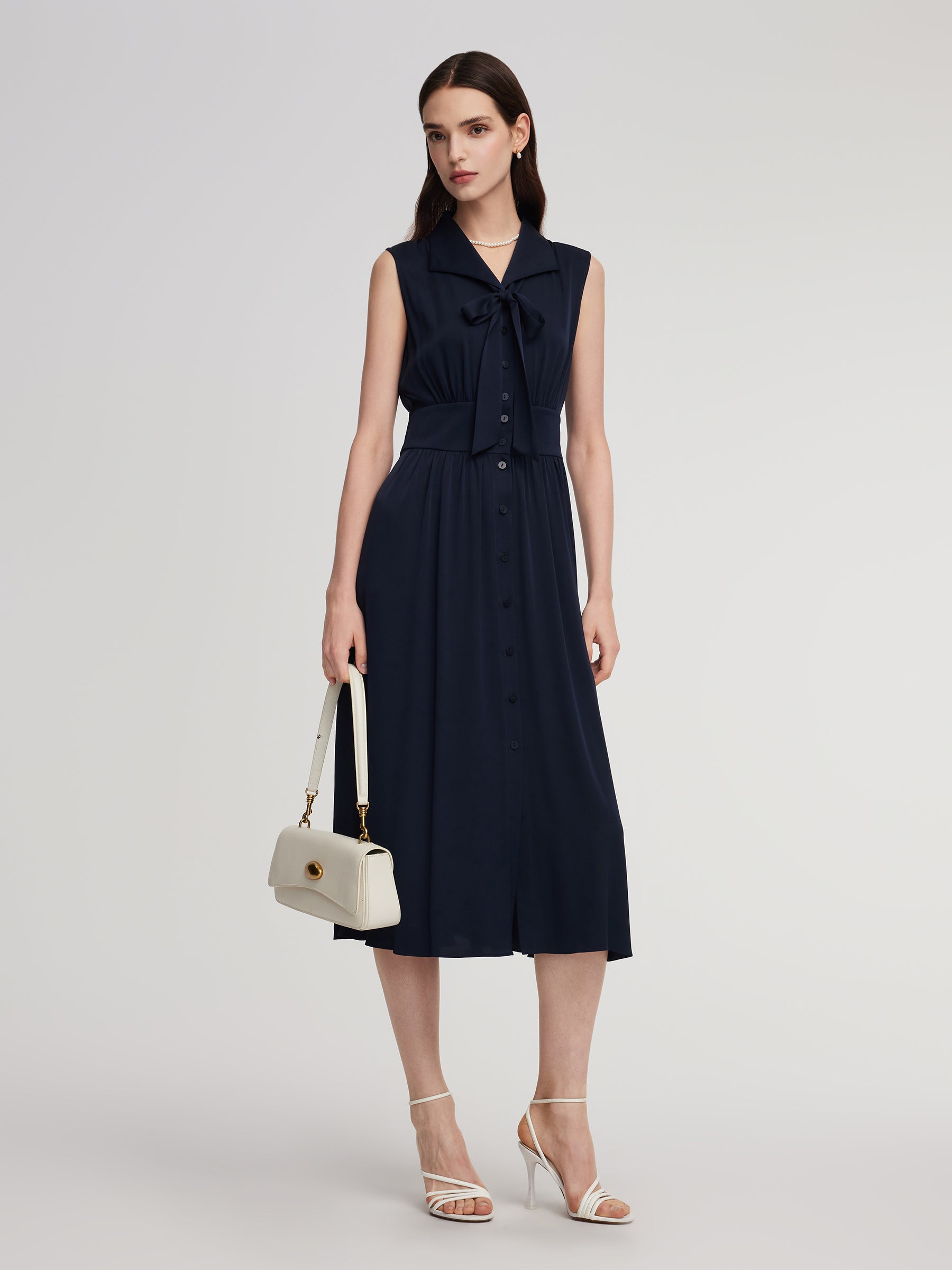 22MM Mulberry Silk Gathered Waist Women Sleeveless Maxi Dress GOELIA