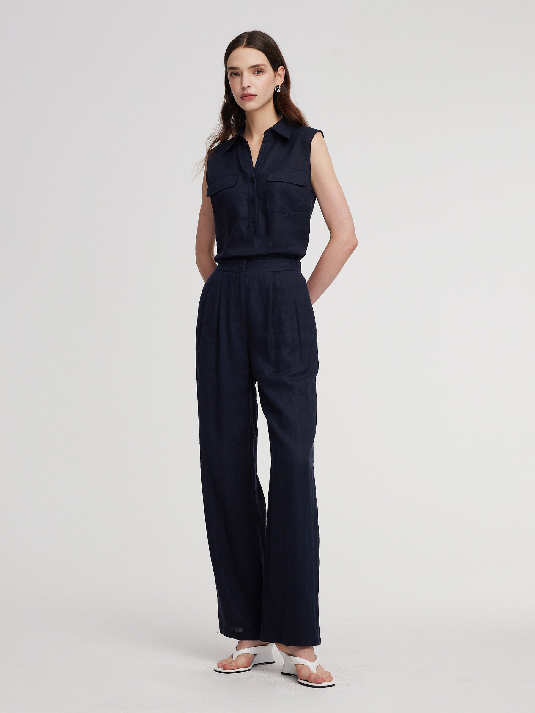 100% Linen Straight Leg Women Pants GOELIA