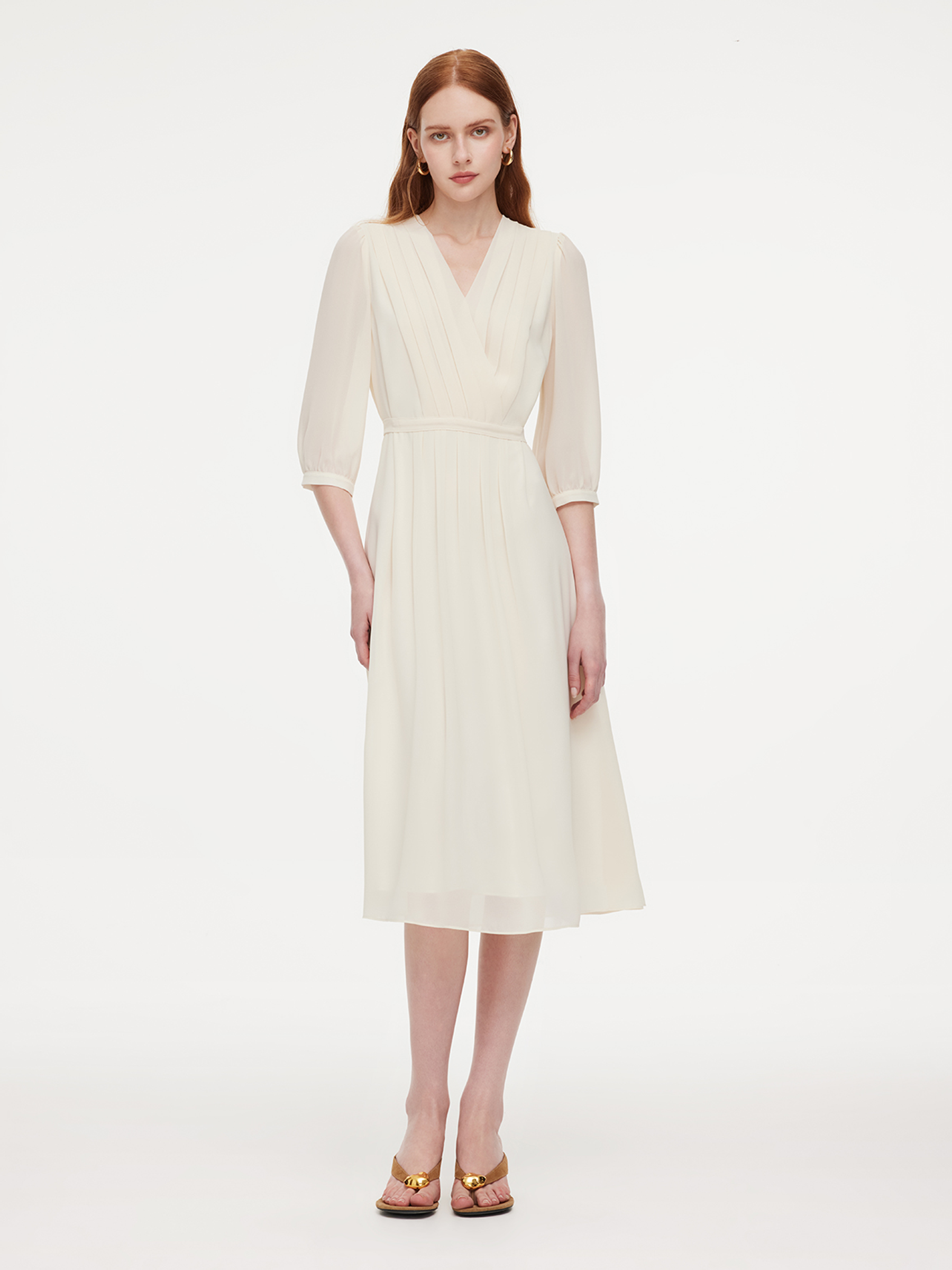 V-Neck Back Tie Women 3/4 Sleeve Midi Dress GOELIA