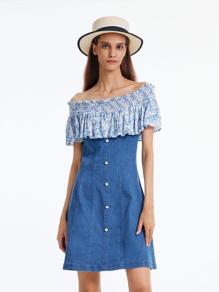 Denim Dress With Patchwork Floral GOELIA