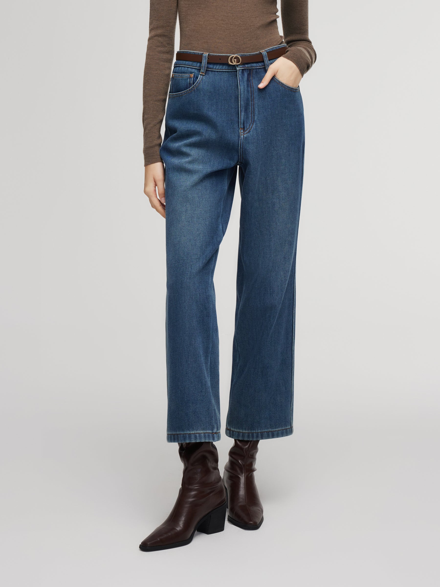 100% Cotton Denim Fleece Lined Women Straight Ankle Length Jeans GOELIA