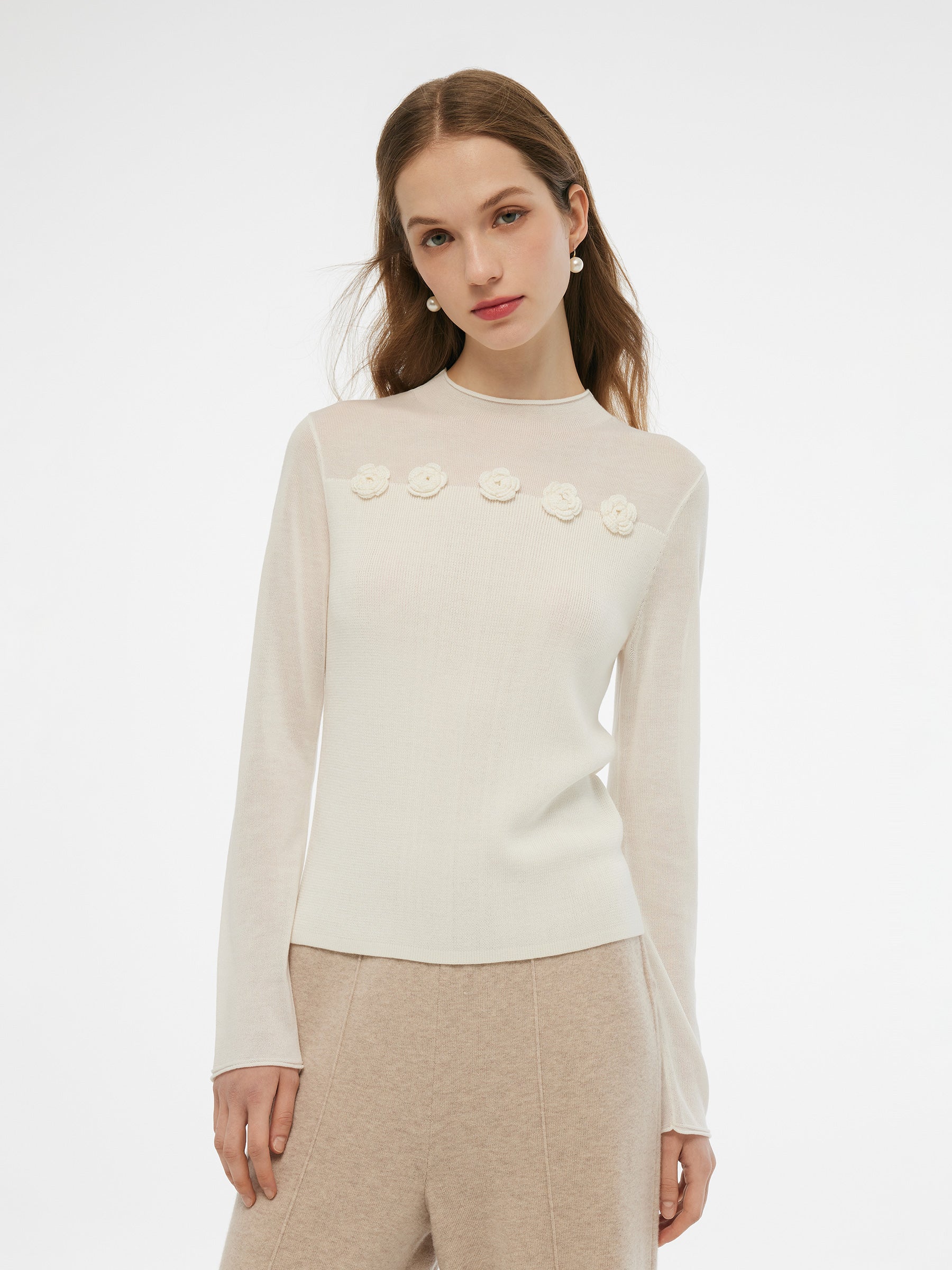 Tencel Wool Blend Women Flower Knit Top GOELIA