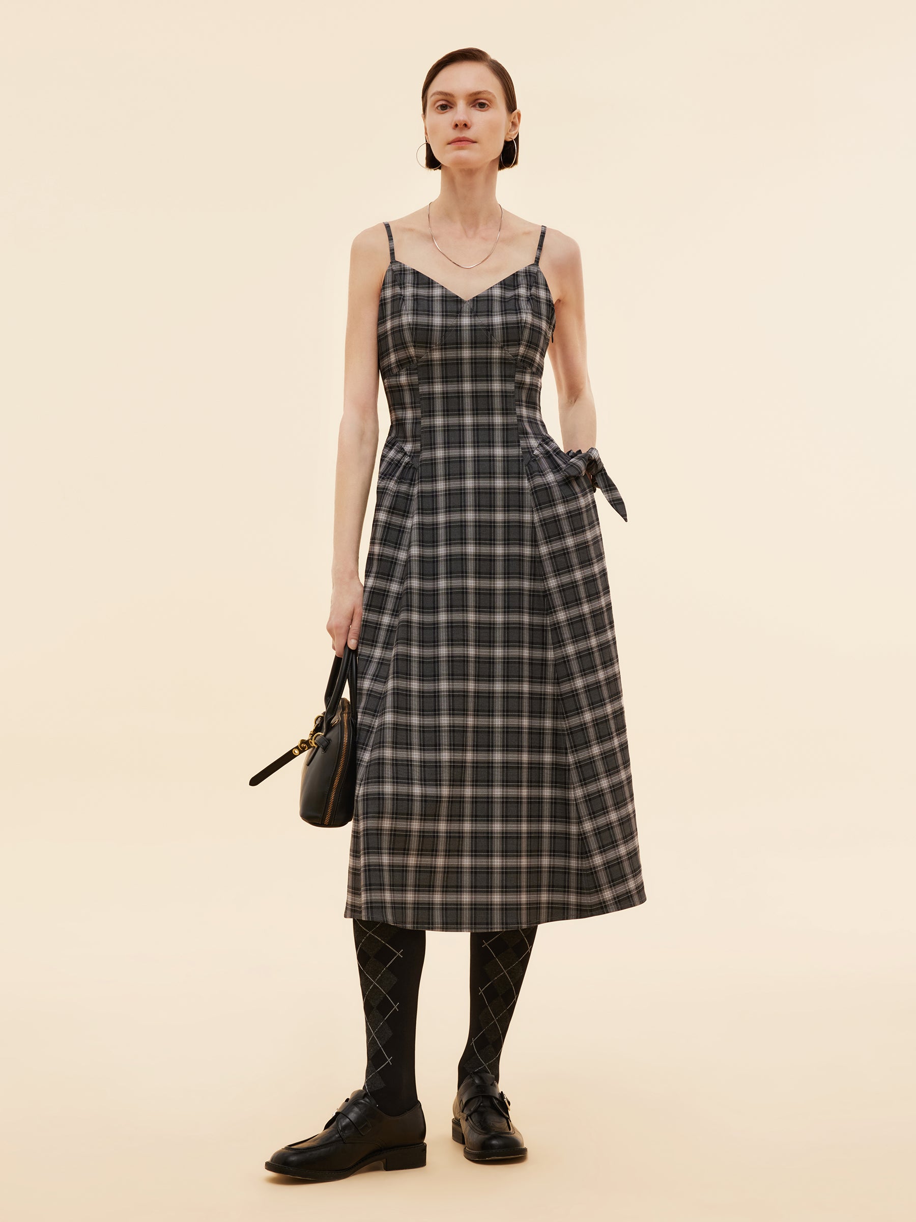 Black And Grey Plaid Women Strap Midi Dress GOELIA