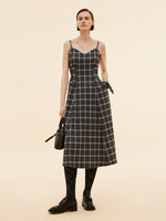 Black And Grey Plaid Women Strap Midi Dress GOELIA