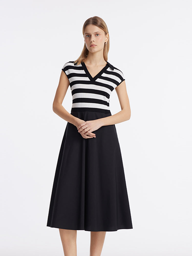 Tencel Striped Patchwork Women Midi Dress GOELIA